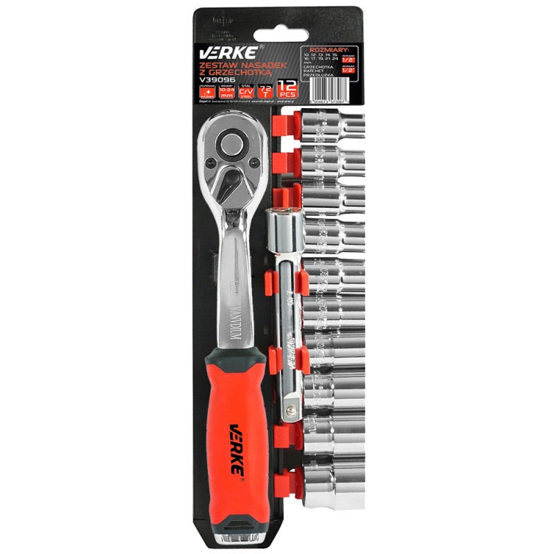 ZESTAW NASADEK Z GRZECHOTKĄ 72T I PRZEDŁUŻKĄ 1/2", 12 EL. VERKE