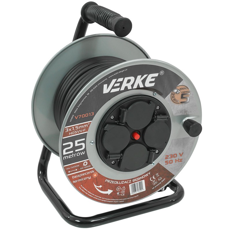 PRZEDŁUŻACZ 3x1,5mm, 25m NA BĘBNIE STALOWYM, GNIAZDA HERMETYCZNE VERKE