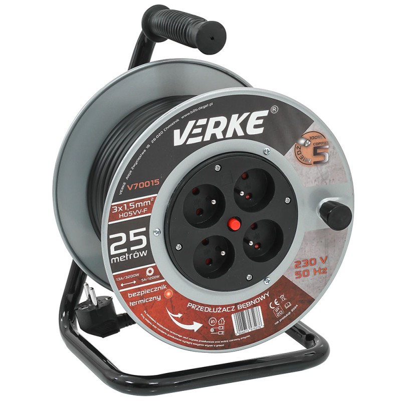 PRZEDŁUŻACZ 3x1,5mm, 25m NA BĘBNIE STALOWYM VERKE