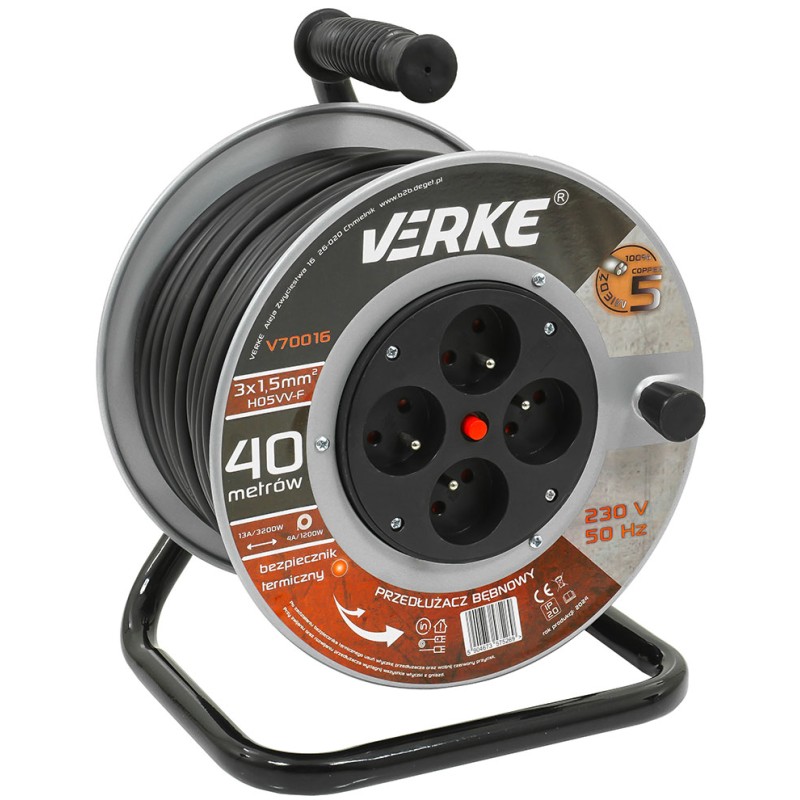 PRZEDŁUŻACZ 3x1,5mm, 40m NA BĘBNIE STALOWYM VERKE